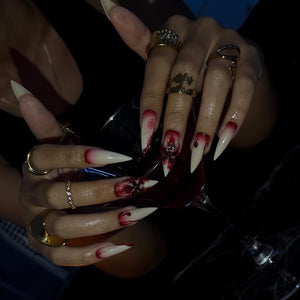 Halloween Blood Drip Press On Nails With 3D Flower | Long Stiletto Fake Nails in Red & Nude | Spooky Handmade Nail Art for Parties, Costumes