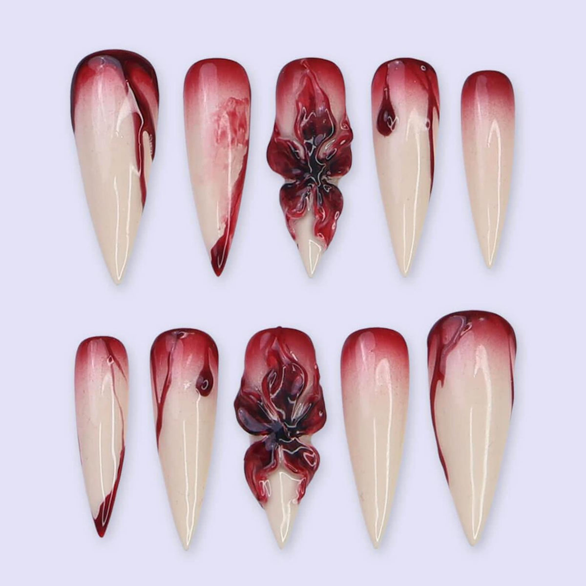 Halloween Blood Drip Press On Nails With 3D Flower | Long Stiletto Fake Nails in Red & Nude | Spooky Handmade Nail Art for Parties, Costumes
