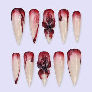 Halloween Blood Drip Press On Nails With 3D Flower | Long Stiletto Fake Nails in Red & Nude | Spooky Handmade Nail Art for Parties, Costumes