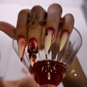 Halloween Blood Drip Press On Nails With 3D Flower | Long Stiletto Fake Nails in Red & Nude | Spooky Handmade Nail Art for Parties, Costumes