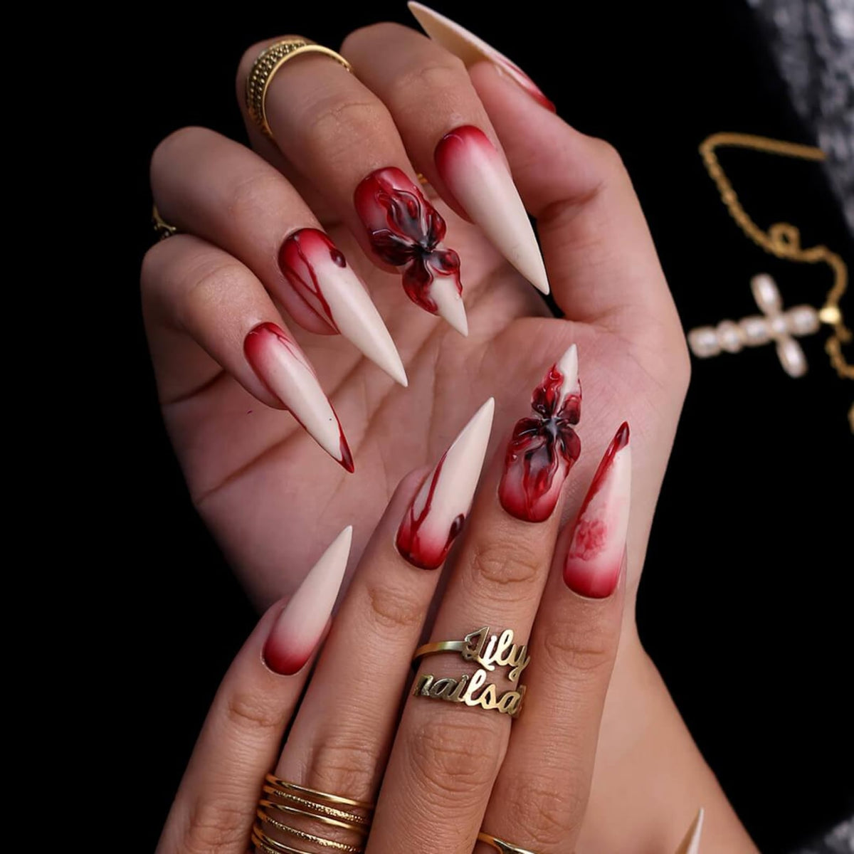 Halloween Blood Drip Press On Nails With 3D Flower | Long Stiletto Fake Nails in Red & Nude | Spooky Handmade Nail Art for Parties, Costumes