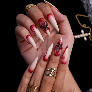 Halloween Blood Drip Press On Nails With 3D Flower | Long Stiletto Fake Nails in Red & Nude | Spooky Handmade Nail Art for Parties, Costumes