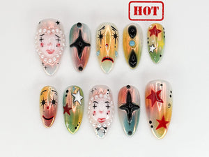 Artistic Clown-Themed Press On Nails | Bold and Vibrant Carnival-Inspired Design | Unique and Artistic Nail Design| Limited Edition|JB578HK image 1