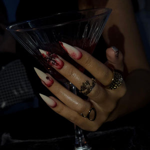Halloween Blood Drip Press On Nails With 3D Flower | Long Stiletto Fake Nails in Red & Nude | Spooky Handmade Nail Art for Parties, Costumes