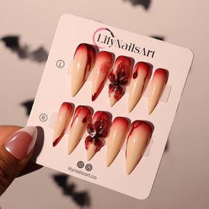 Halloween Blood Drip Press On Nails With 3D Flower | Long Stiletto Fake Nails in Red & Nude | Spooky Handmade Nail Art for Parties, Costumes