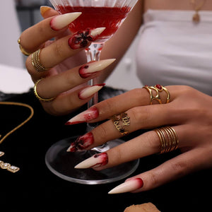 Halloween Blood Drip Press On Nails With 3D Flower | Long Stiletto Fake Nails in Red & Nude | Spooky Handmade Nail Art for Parties, Costumes