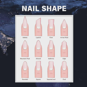 A diagram illustrating various nail shapes, including stiletto, lipstick, flare, and arrow head. Other shapes shown are mountain peak, almond, ballerina, edge, rounded, square, squared oval, and oval. The title "NAIL SHAPE" is at the top.