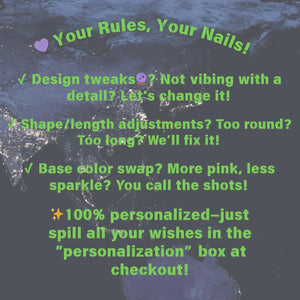 Image with text: "Your Rules, Your Nails!" lists options for nail design customization: design tweaks, shape/length adjustments, and base color swaps. It emphasizes personalization, encouraging customers to share their wishes.