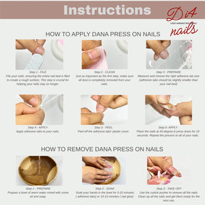 An instructional infographic titled Instructions and Di4 nails, detailing the application and removal process for press-on nails. It features nine step-by-step photographic panels with text captions explaining filing, cleaning, preparing, applying, p