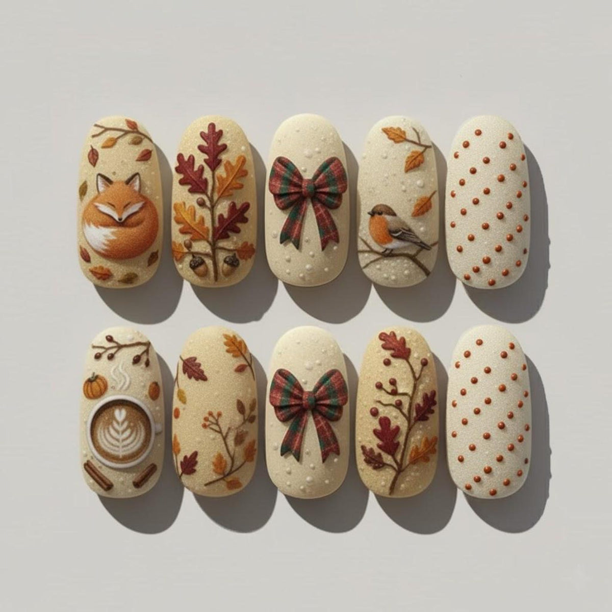 A set of ten artificial nails with autumn-themed designs. The nails feature images of a fox, fall leaves, a plaid bow, a bird, and coffee art. The nails are beige with brown and orange accents.