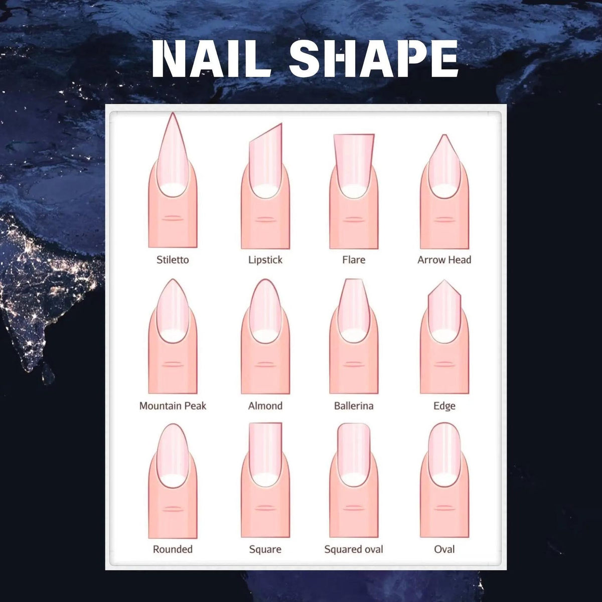 An illustration of various nail shapes, including Stiletto, Lipstick, Flare, Arrow Head, Mountain Peak, Almond, Ballerina, Edge, Rounded, Square, Squared Oval, and Oval. The text "NAIL SHAPE" is at the top.