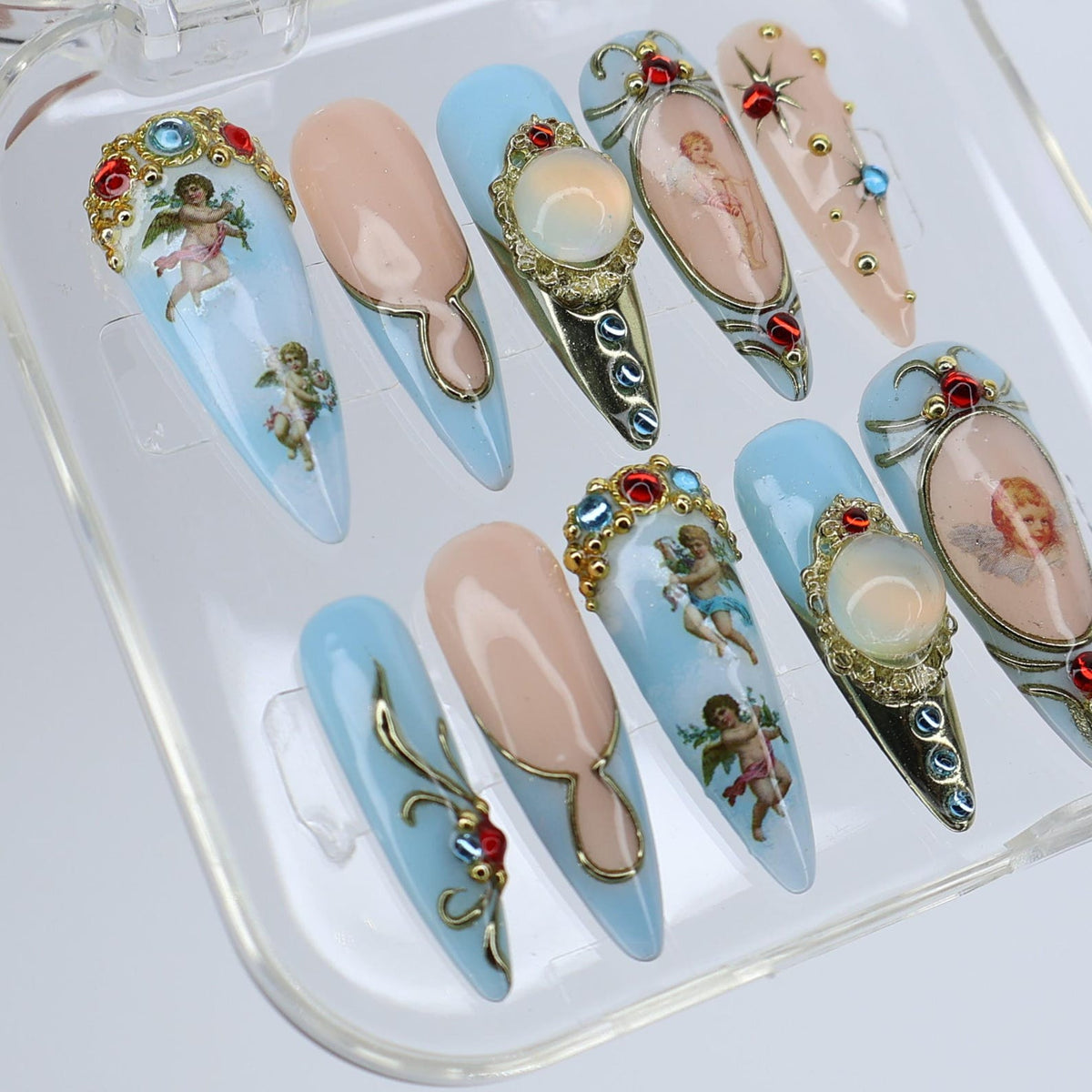 Winter Angel Press On Nails with Blue and Gold Baroque Design | Handmade Long Almond Nails | Vintage Art Nail Set for Christmas or Gift