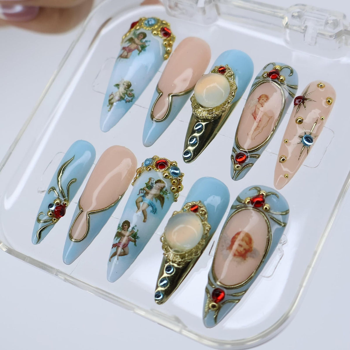 Winter Angel Press On Nails with Blue and Gold Baroque Design | Handmade Long Almond Nails | Vintage Art Nail Set for Christmas or Gift