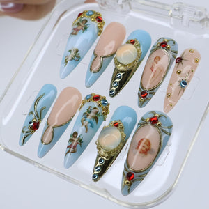 Winter Angel Press On Nails with Blue and Gold Baroque Design | Handmade Long Almond Nails | Vintage Art Nail Set for Christmas or Gift