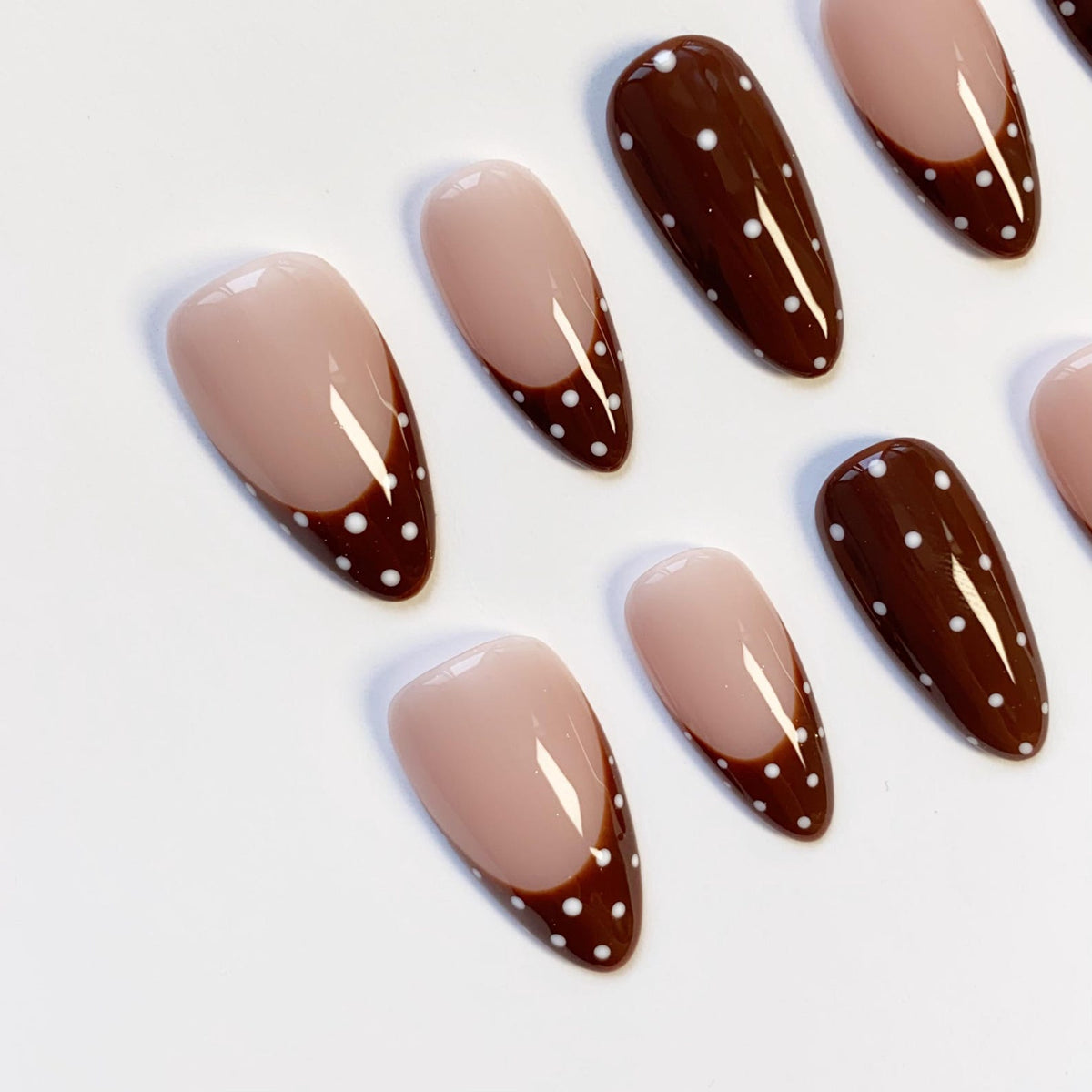 A set of almond-shaped false nails. The nails feature a light nude base with a dark brown tip, accented with small white polka dots. The design is repeated across multiple nails, creating a cohesive look.