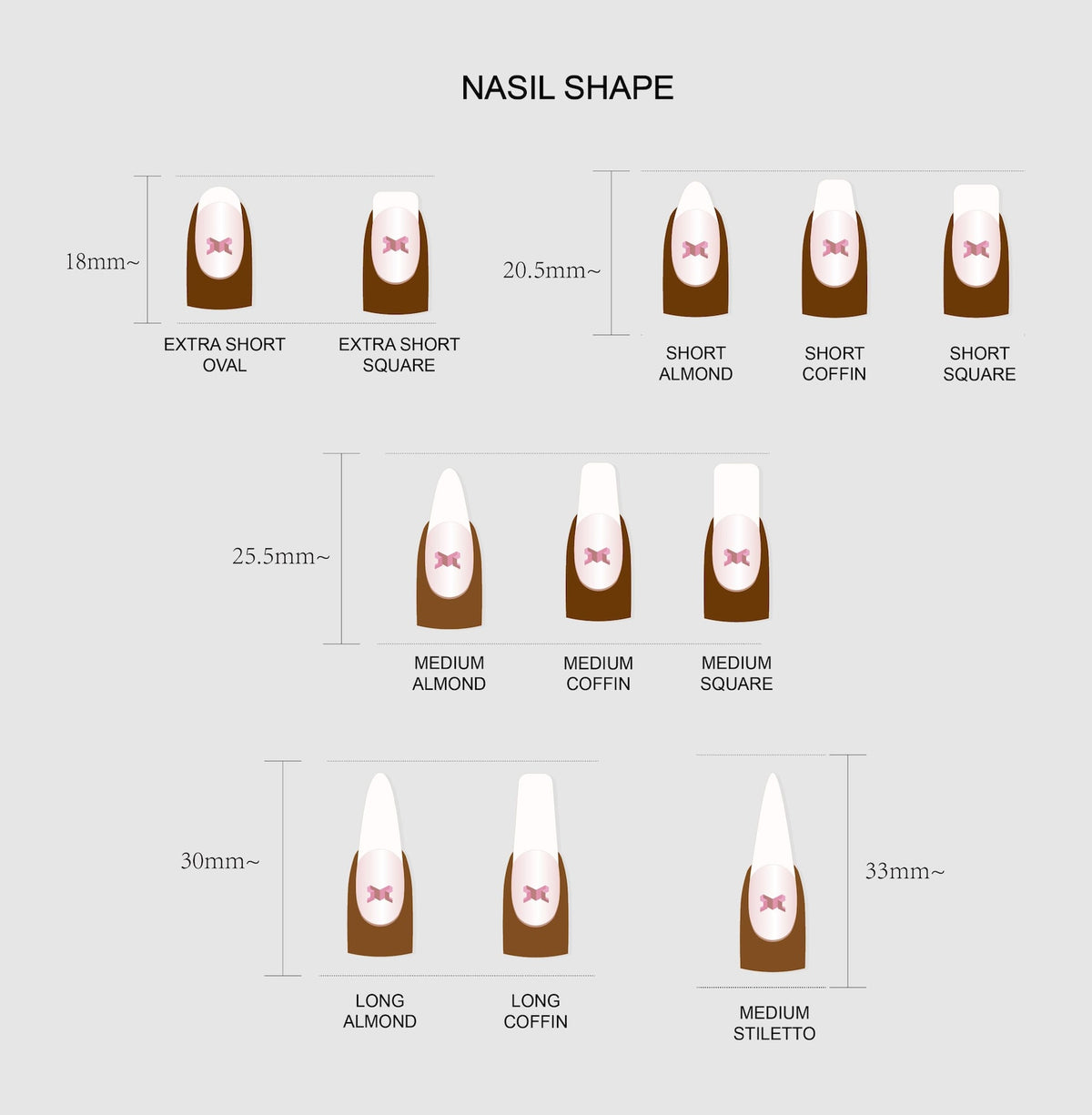 The image is a nail shape chart that provides different nail shape options and their corresponding nail length. It includes short, medium, and long oval nails, as well as short almond, coffin, and squ