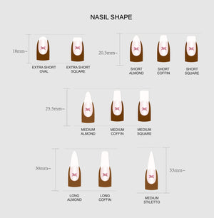 The image is a nail shape chart that provides different nail shape options and their corresponding nail length. It includes short, medium, and long oval nails, as well as short almond, coffin, and squ