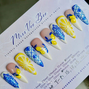 Lemon Citrus Blue Porcelain 3D Nail Art, Luxury Handmade Hand Painted Reusable Ready to Wear Press on Nails image 2