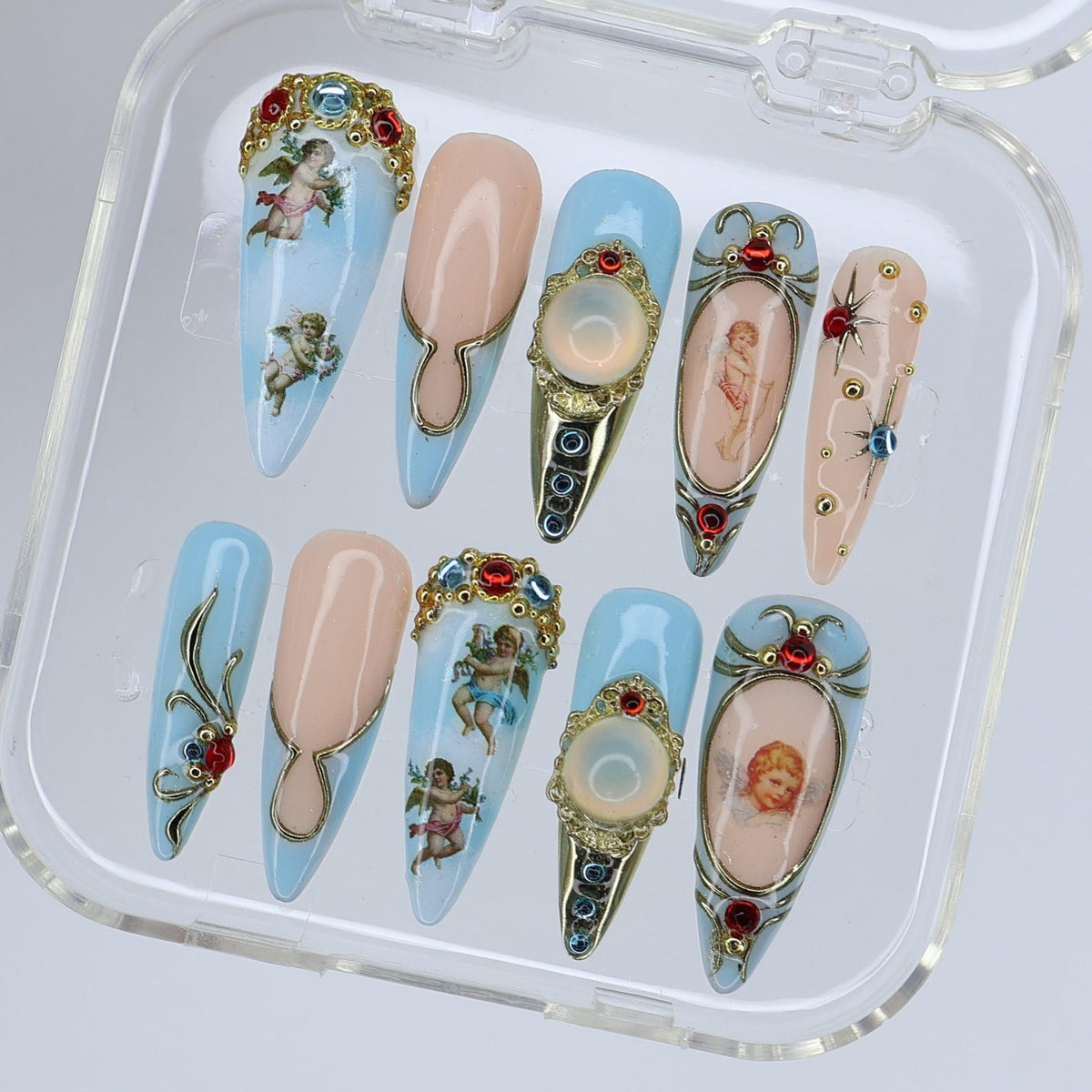 Winter Angel Press On Nails with Blue and Gold Baroque Design | Handmade Long Almond Nails | Vintage Art Nail Set for Christmas or Gift