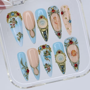 Winter Angel Press On Nails with Blue and Gold Baroque Design | Handmade Long Almond Nails | Vintage Art Nail Set for Christmas or Gift