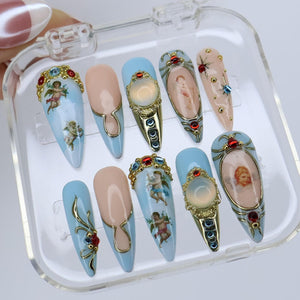 Winter Angel Press On Nails with Blue and Gold Baroque Design | Handmade Long Almond Nails | Vintage Art Nail Set for Christmas or Gift
