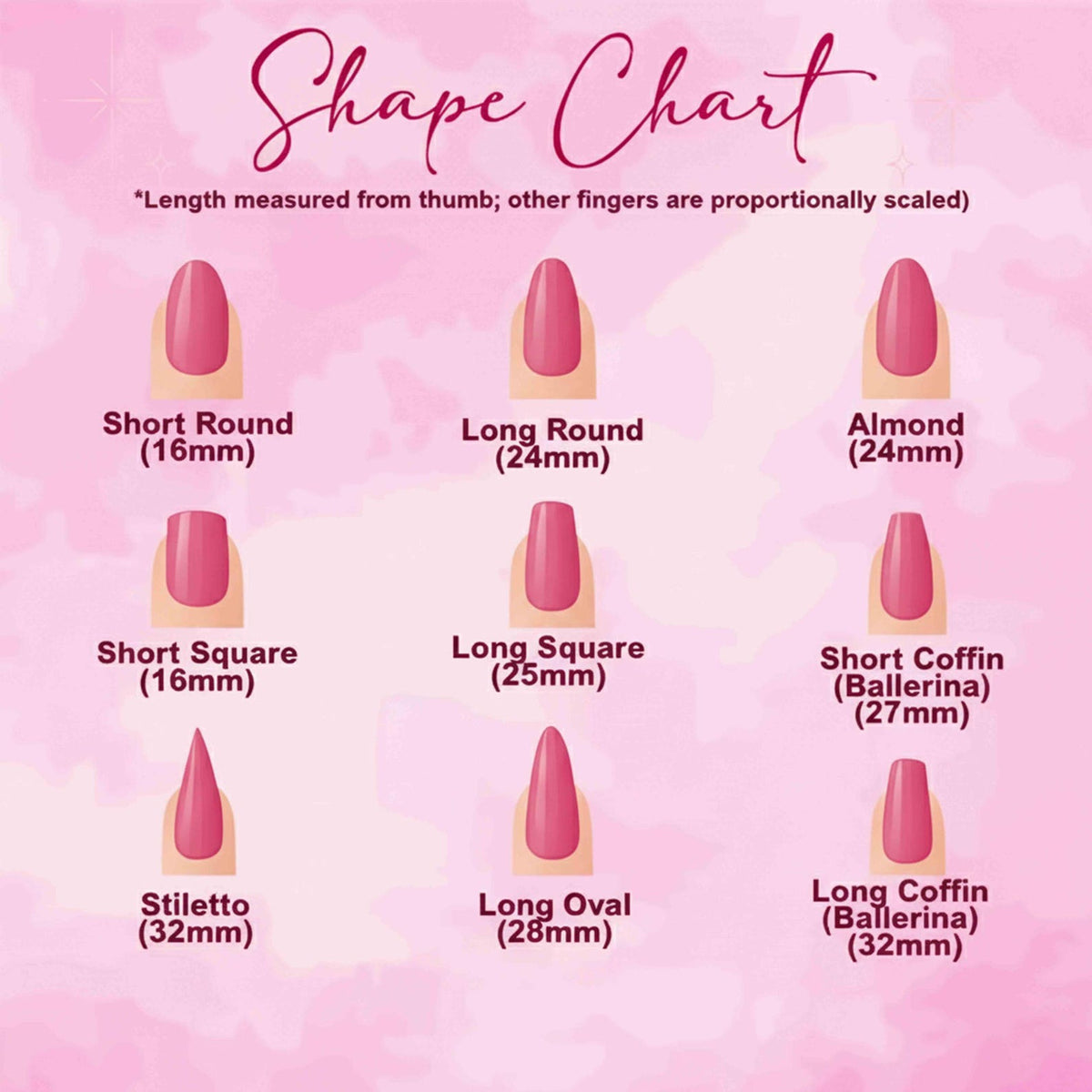 A pink nail shape chart featuring nine styles: Short Round (16mm), Long Round (24mm), Almond (24mm), Short Square (16mm), Long Square (25mm), Short Coffin Ballerina (27mm), Stiletto (32mm), Long Oval (28mm), and Long Coffin Ballerina (32mm).
