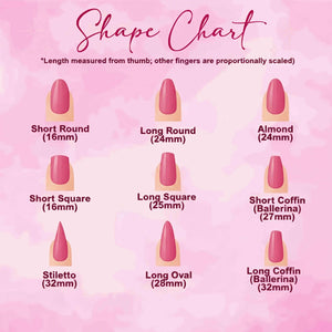 A pink nail shape chart featuring nine styles: Short Round (16mm), Long Round (24mm), Almond (24mm), Short Square (16mm), Long Square (25mm), Short Coffin Ballerina (27mm), Stiletto (32mm), Long Oval (28mm), and Long Coffin Ballerina (32mm).