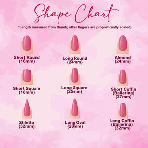 A pink nail shape chart with nine different nail shapes, including Short Round (16mm), Long Round (24mm), Almond (24mm), Short Square (16mm), Long Square (25mm), Short Coffin (27mm), Stiletto (32mm), Long Oval (28mm), and Long Coffin (32mm).