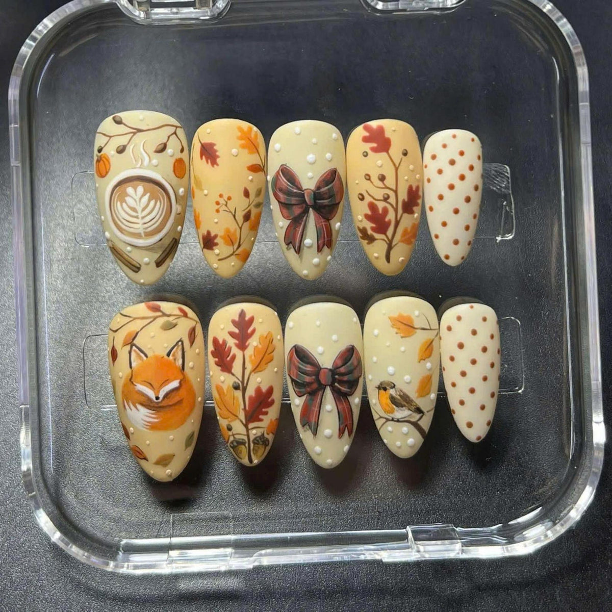 Fox Nails, Coquette Style, Autumn Press On Nails, Bowtie Nail, Christmas Tree Nail Art, Elegant Holiday Nails, Fake Nails for Holiday Party image 2