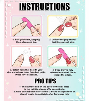 An instructional guide for applying artificial nails. The guide includes four steps: buffing nails, choosing a jelly sticker, selecting nails, and filing edges. The text also includes pro tips for application. The background is pink and white.
