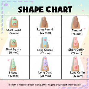 A nail shape chart with nine different nail styles, including Short Round, Long Round, Almond, Short Square, Long Square, Short Coffin, Stiletto, Long Oval, and Long Coffin. Each nail shape is illustrated with a design and length in millimeters.