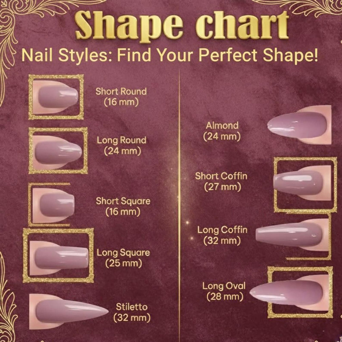 A burgundy-colored shape chart with gold accents displays various nail styles. The chart includes Short Round (16 mm), Long Round (24 mm), Short Square (16 mm), Long Square (25 mm), and Stiletto (32 mm) nail shapes. Also shown are Almond (24 mm), Sho