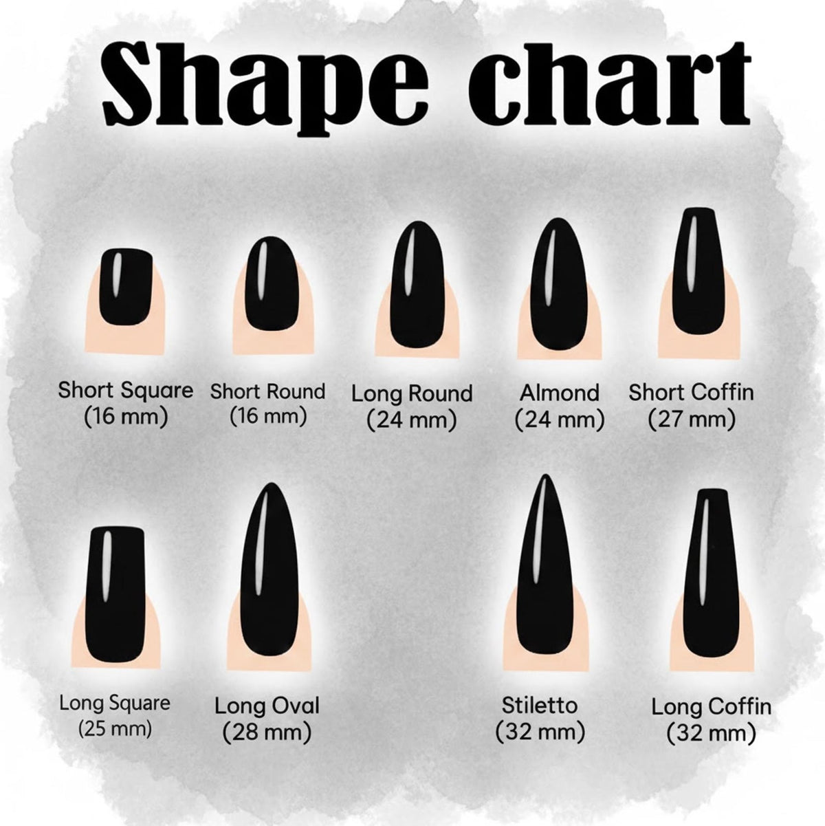 A Shape chart displaying ten black nail shapes with corresponding labels and lengths in millimeters: Short Square 16mm, Short Round 16mm, Long Round 24mm, Almond 24mm, Short Coffin 27mm, Long Square 25mm, Long Oval 28mm, Stiletto 32mm, Long Coffin 32