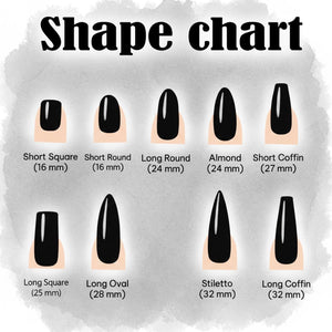 A nail shape chart featuring black nail illustrations labeled Short Square (16 mm), Short Round (16 mm), Long Round (24 mm), Almond (24 mm), Short Coffin (27 mm), Long Square (25 mm), Long Oval (28 mm), Stiletto (32 mm), and Long Coffin (32 mm).