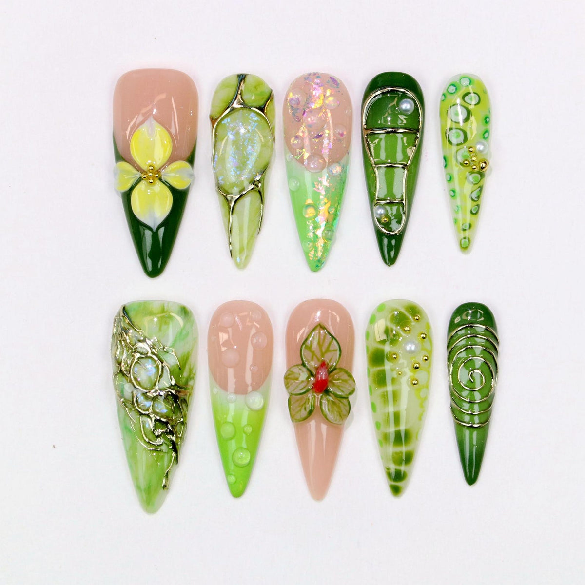 3D Green Orchid Press On Nails: Gold Chrome Almond, Handmade Nail Art image 1
