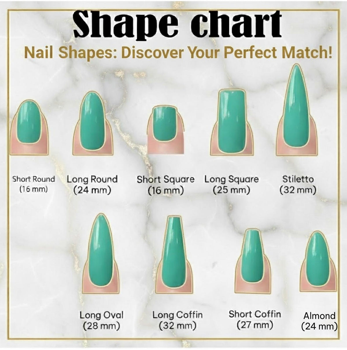 A nail shape chart with teal-colored nail designs. The chart displays various nail shapes, including short round, long round, short square, long square, stiletto, long oval, long coffin, short coffin, and almond. Each shape is labeled with its name a