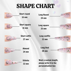 A nail shape chart displaying various press-on nail styles with floral patterns. Shapes include short round 16 mm, long round 24 mm, short square 16 mm, long square 25 mm, short coffin 27 mm, long coffin 32 mm, almond 24 mm, long oval 28 mm, and stil
