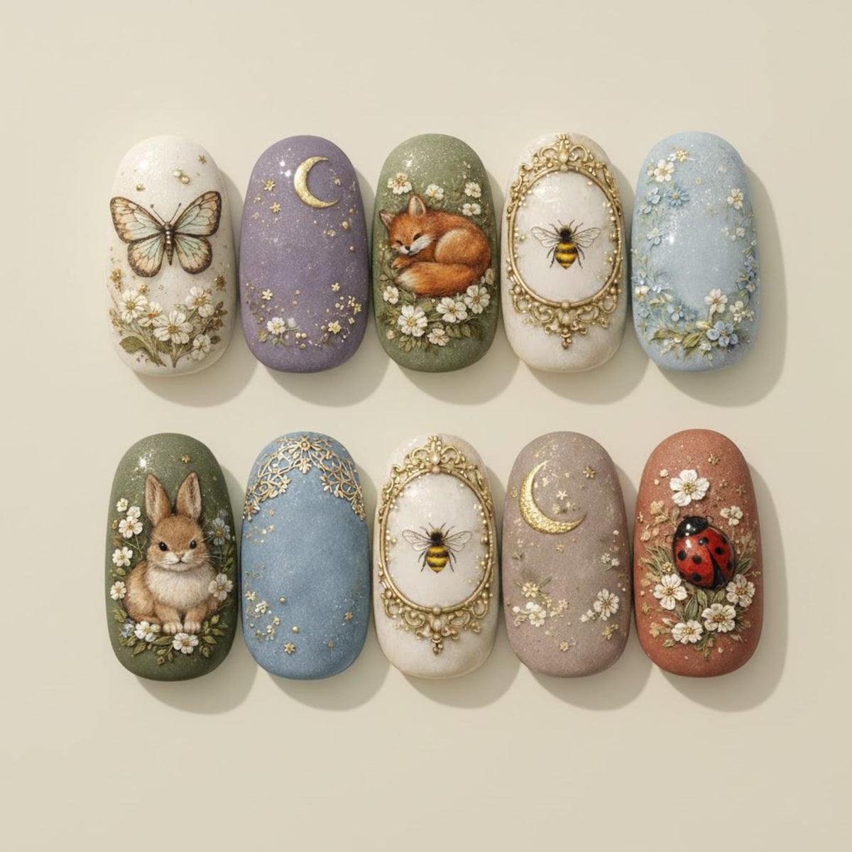 A collection of ten oval-shaped nail art designs. Each nail features a unique miniature painting, including a butterfly, moon, fox, bee, bunny, and ladybug, all surrounded by floral accents. The color palette includes pastels and earth tones.