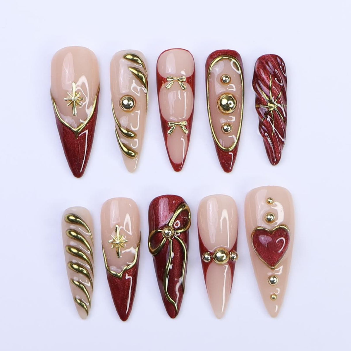 Christmas Red Press-On Nails with Gold Ribbon & Heart Designs | Long Stiletto Fake Nails | Handmade Holiday Luxury Nail Art