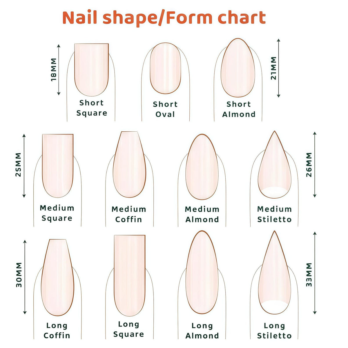 A nail shape and form chart featuring eleven illustrations of fingernails with various lengths and shapes. The chart includes labels such as Short Square, Short Oval, Short Almond, Medium Square, Medium Coffin, Medium Almond, Medium Stiletto, Long Co