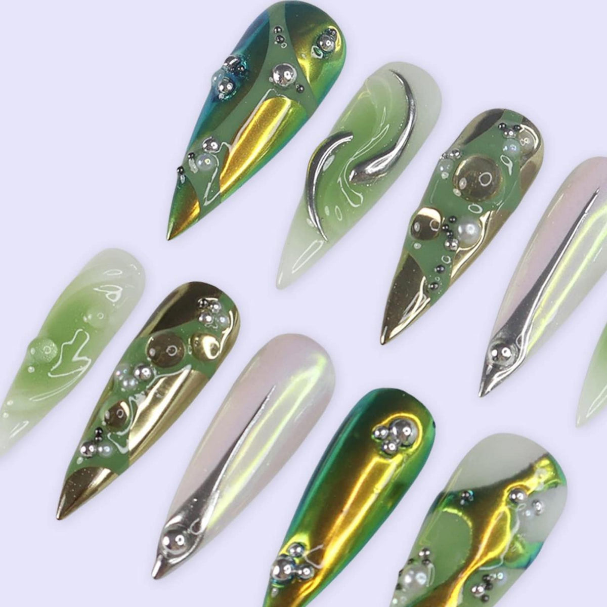 Green Chrome Press On Nails | Y2K Abstract Metallic Design | Long Stiletto Fake Nails | Handmade Nail Art for Everyday Wear or Gifts