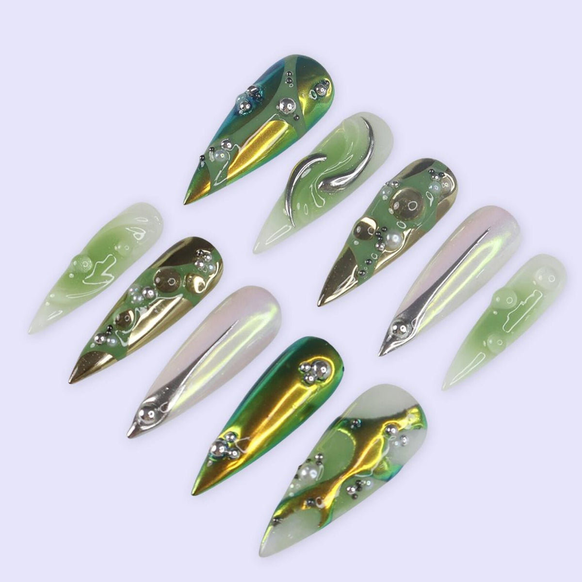 Green Chrome Press On Nails | Y2K Abstract Metallic Design | Long Stiletto Fake Nails | Handmade Nail Art for Everyday Wear or Gifts
