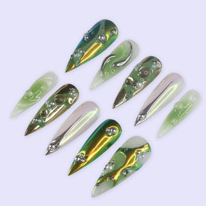 Green Chrome Press On Nails | Y2K Abstract Metallic Design | Long Stiletto Fake Nails | Handmade Nail Art for Everyday Wear or Gifts