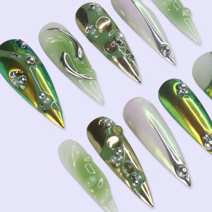 Green Chrome Press On Nails | Y2K Abstract Metallic Design | Long Stiletto Fake Nails | Handmade Nail Art for Everyday Wear or Gifts
