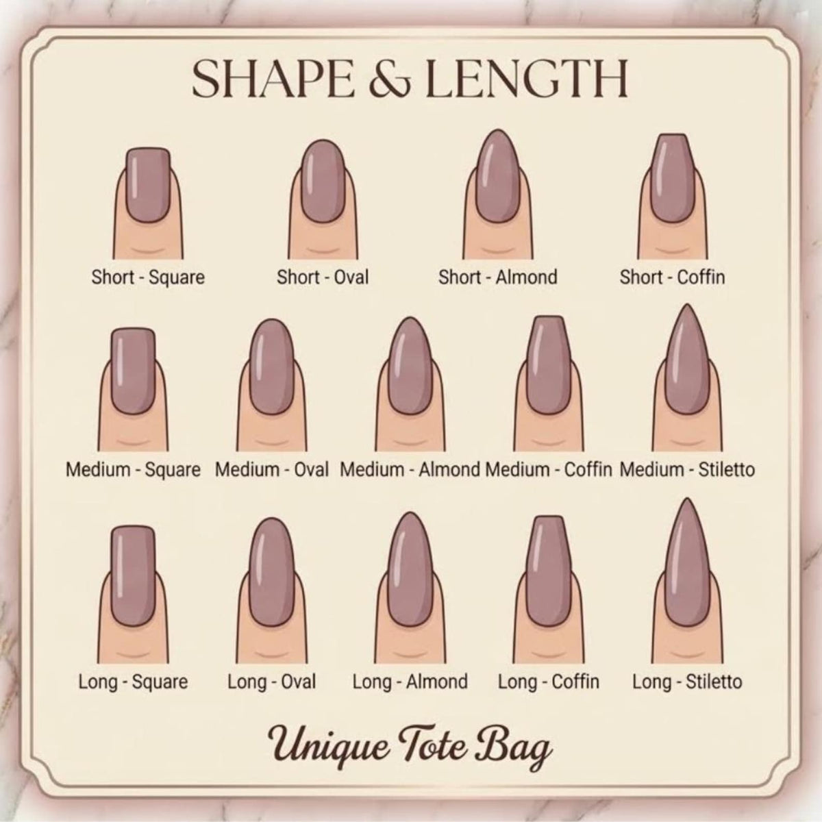 A chart titled SHAPE & LENGTH displaying various nail shapes and lengths in mauve. The categories include Short, Medium, and Long, with styles labeled Square, Oval, Almond, Coffin, and Stiletto. The bottom text reads Unique Tote Bag.