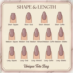 A chart titled SHAPE & LENGTH displaying various nail shapes and lengths in mauve. The categories include Short, Medium, and Long, with styles labeled Square, Oval, Almond, Coffin, and Stiletto. The bottom text reads Unique Tote Bag.
