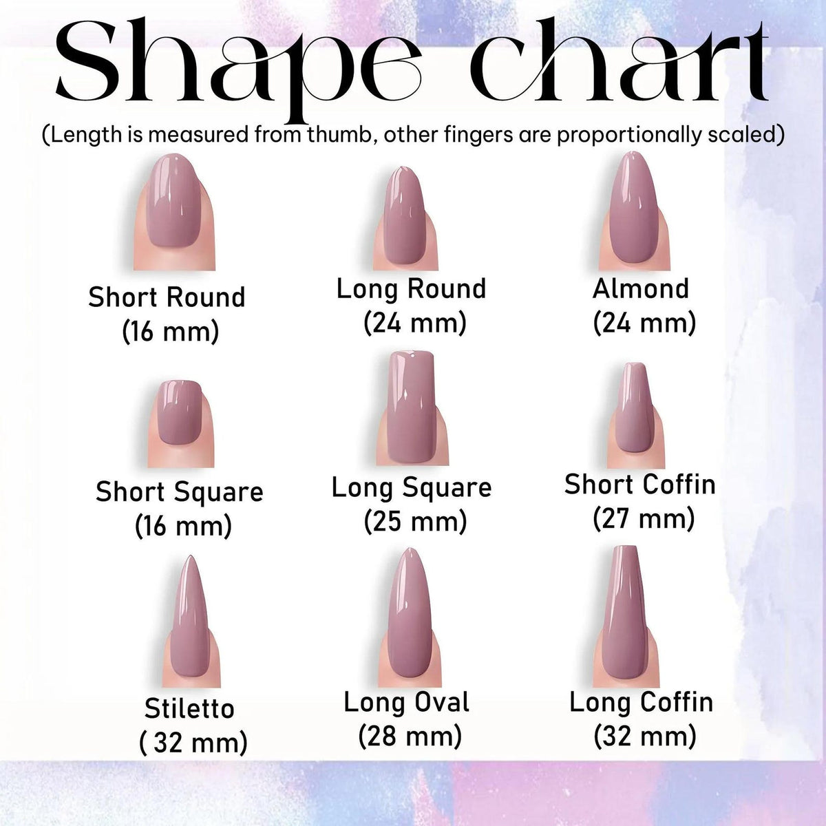 A nail shape chart featuring nine mauve-colored nail styles with labels and lengths in millimeters: Short Round 16 mm, Long Round 24 mm, Almond 24 mm, Short Square 16 mm, Long Square 25 mm, Short Coffin 27 mm, Stiletto 32 mm, Long Oval 28 mm, Long Co