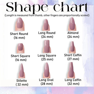 A nail shape chart featuring nine mauve-colored nail styles with labels and lengths in millimeters: Short Round 16 mm, Long Round 24 mm, Almond 24 mm, Short Square 16 mm, Long Square 25 mm, Short Coffin 27 mm, Stiletto 32 mm, Long Oval 28 mm, Long Co