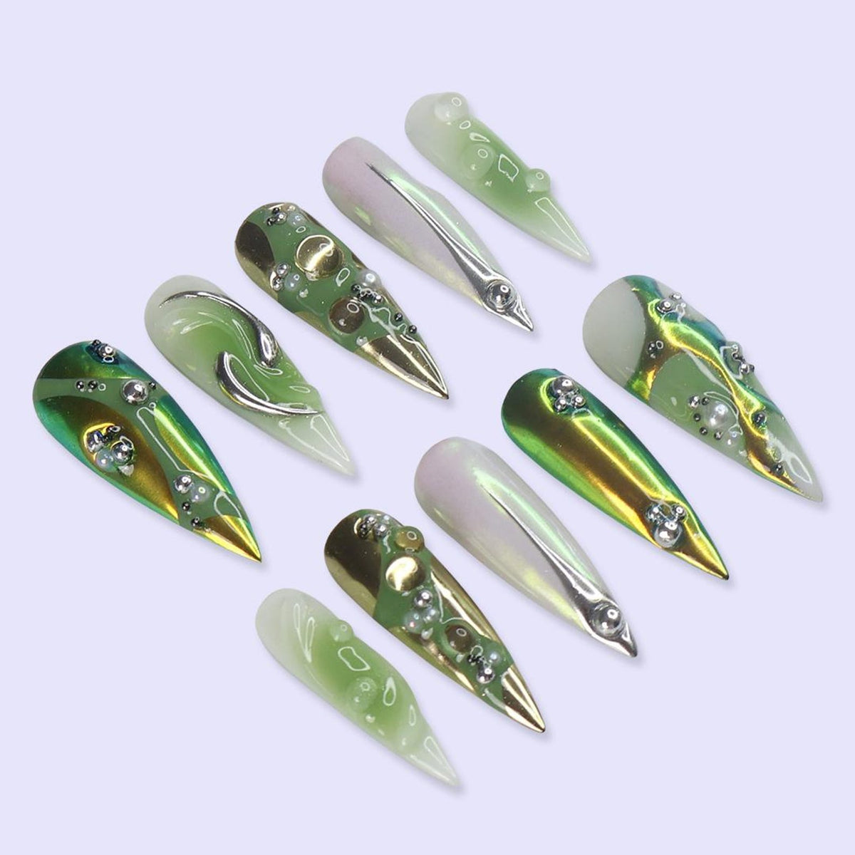 Green Chrome Press On Nails | Y2K Abstract Metallic Design | Long Stiletto Fake Nails | Handmade Nail Art for Everyday Wear or Gifts