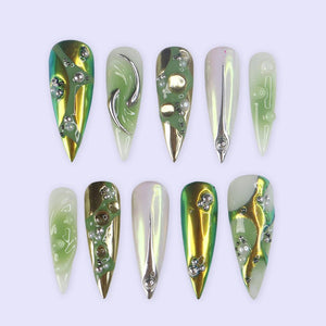 Green Chrome Press On Nails | Y2K Abstract Metallic Design | Long Stiletto Fake Nails | Handmade Nail Art for Everyday Wear or Gifts